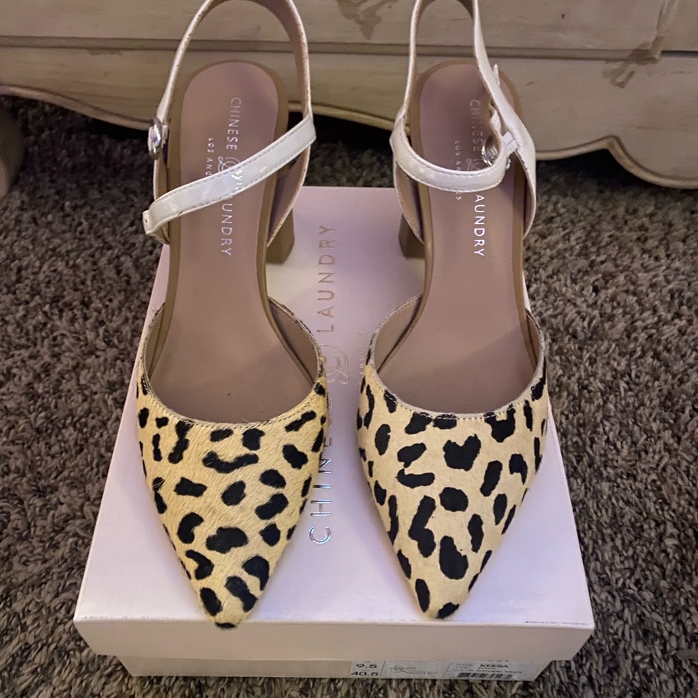 Chinese Laundry block heels. White strap.